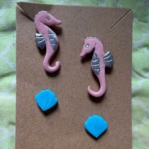 Pink and Blue Seahorse and Shell Handmade Polymer Clay Earrings